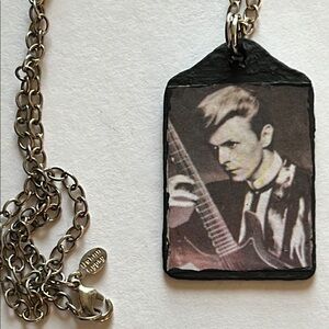 David Bowie b/w double sided image on brass pendant necklace